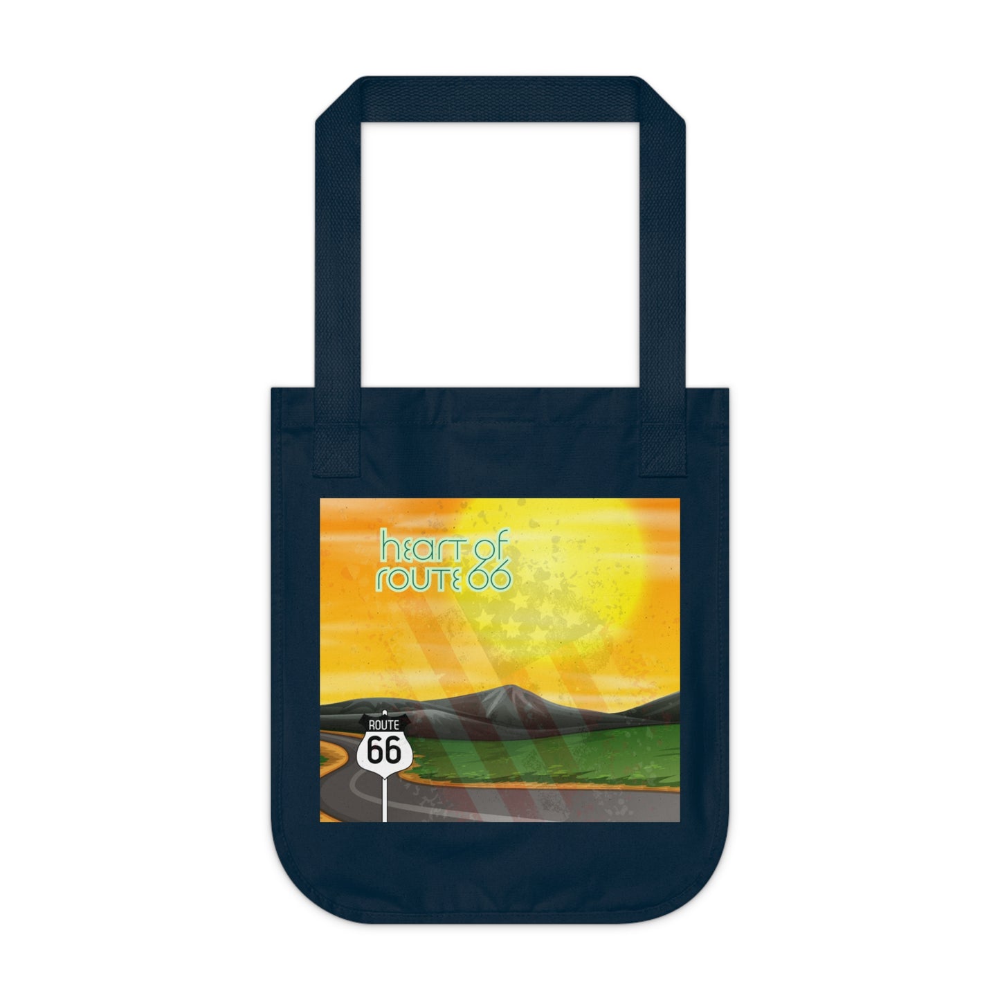 Navy organic cotton tote bag with Heart of Route 66 graphic, a Route 66 signpost, mountains and the winding road into the sun design