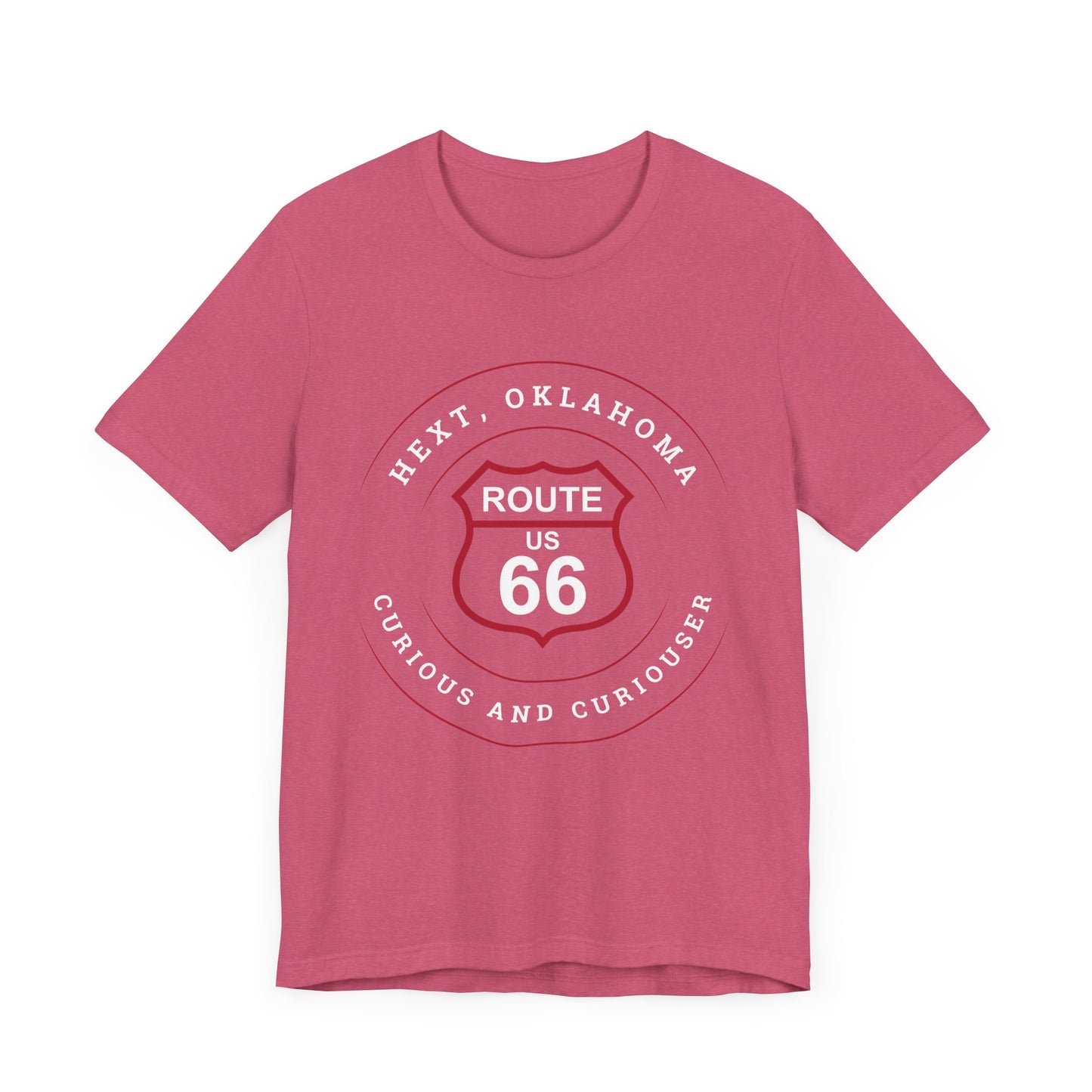 Heather raspberry retro Route 66 unisex jersey tee with Hext, OK: "Curious and Curiouser" design