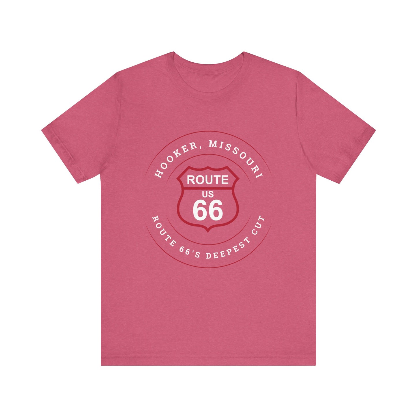 Heather raspberry retro Route 66 unisex jersey tee with Hooker, MO: "Route 66's Deepest Cut" design