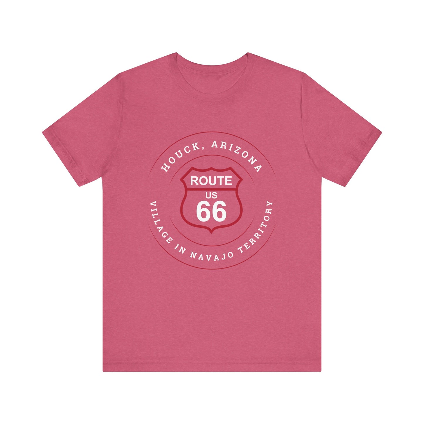 Heather raspberry retro Route 66 unisex jersey tee with Houck, AZ: "Village in Navajo Territory" design