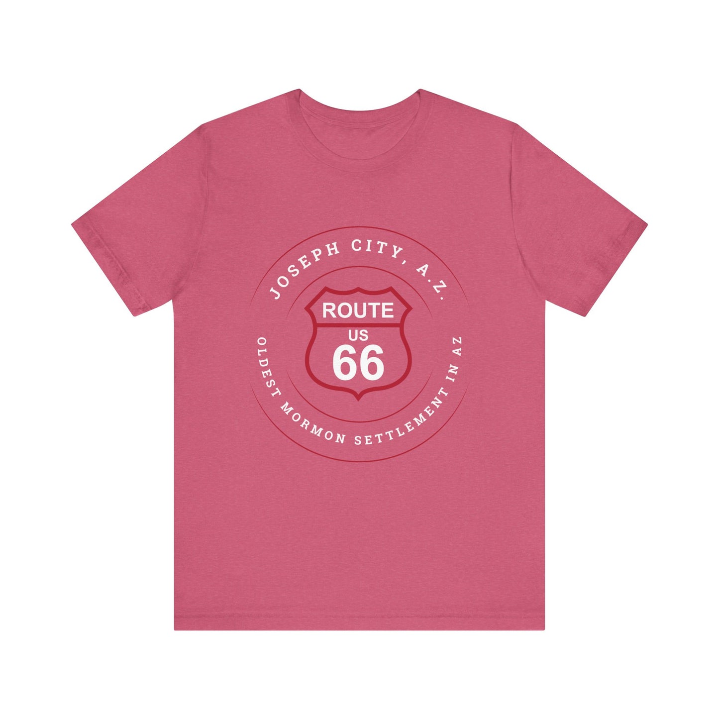 Heather raspberry retro Route 66 unisex jersey tee with Joseph City, AZ: "Oldest Mormon Settlement in AZ" design