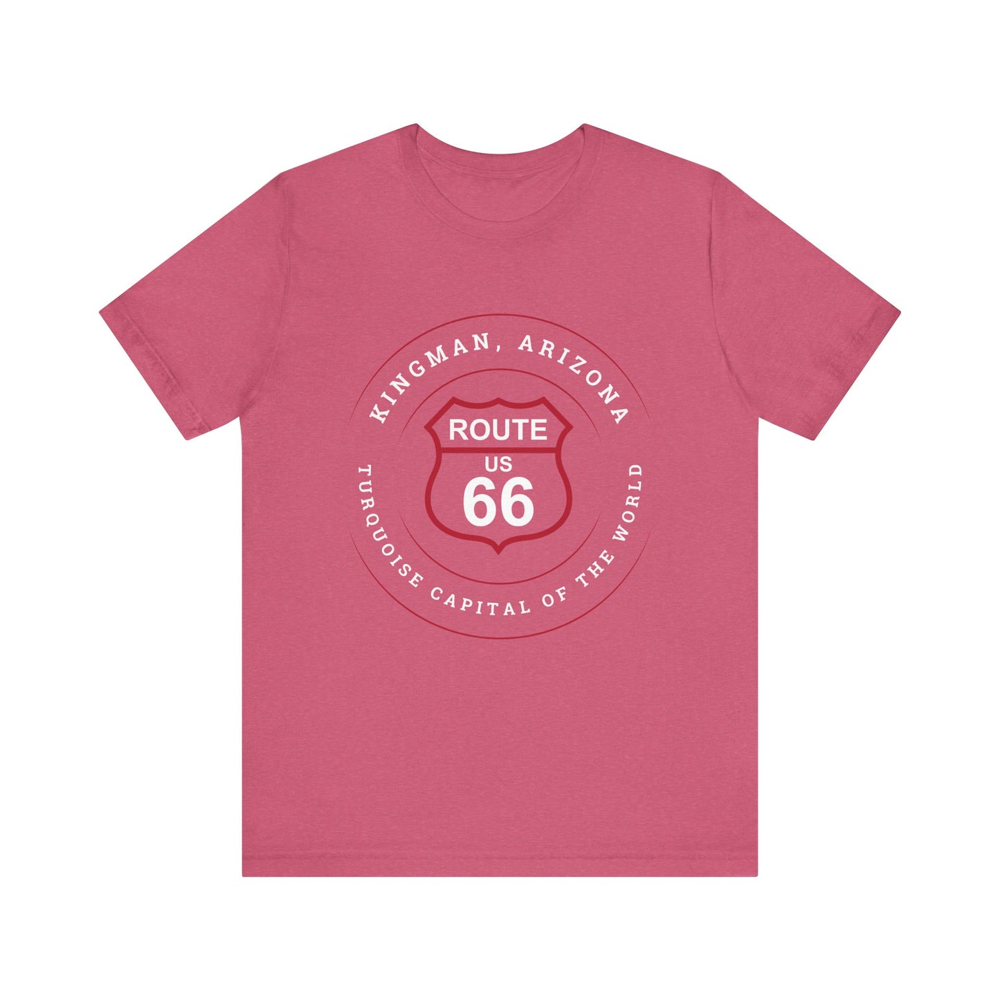 Heather raspberry retro Route 66 unisex jersey tee with Kingman, AZ: "Turquoise Capital of the World" design