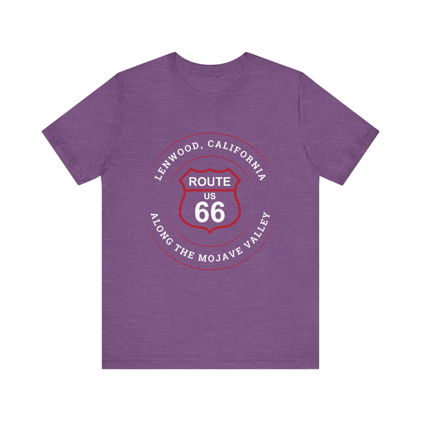 Heather team purple retro Route 66 unisex jersey tee with Lenwood, CA: "Along the Mojave Valley" design