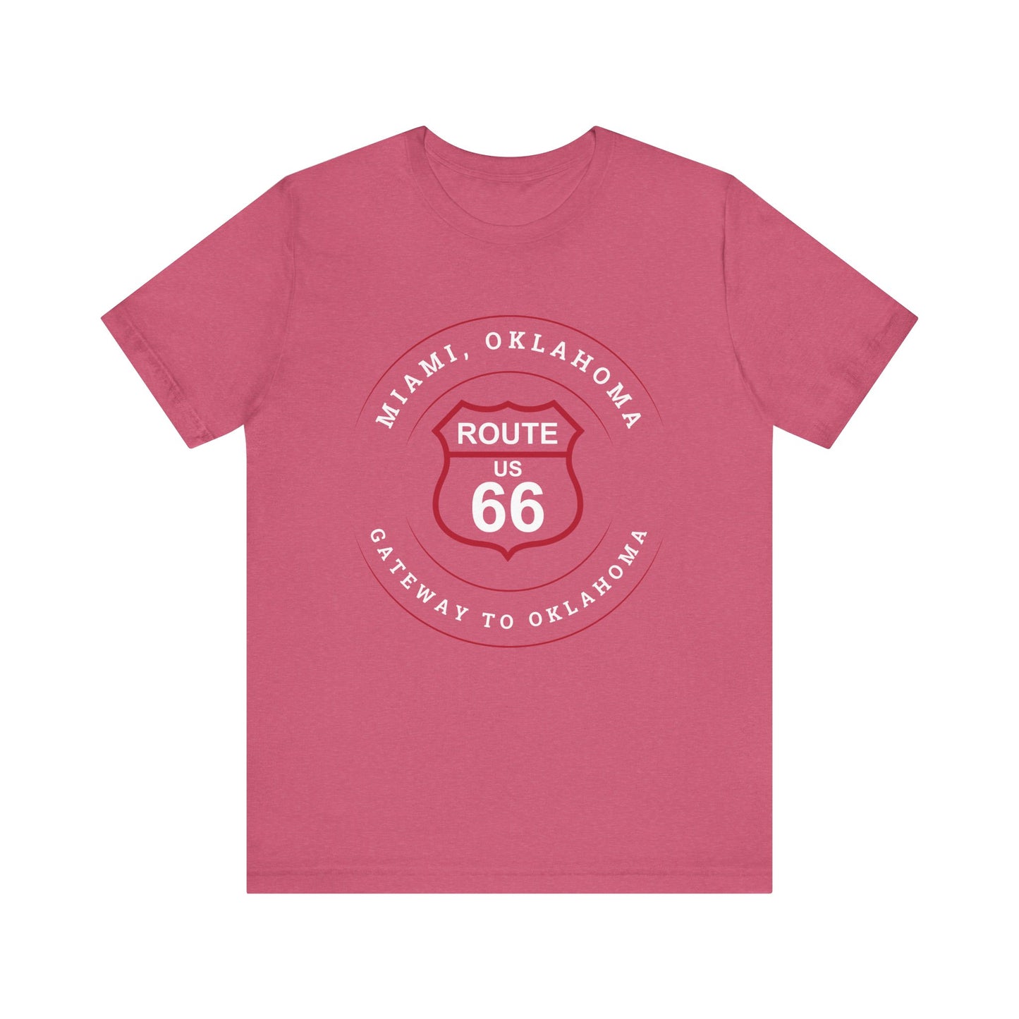Heather raspberry retro Route 66 unisex jersey tee with Miami, OK "Gateway to Oklahoma" design