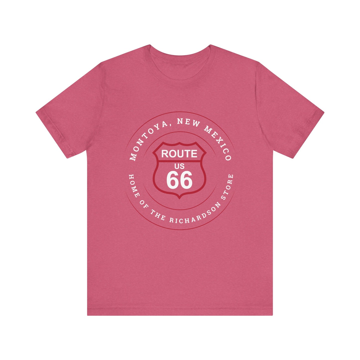 Heather raspberry retro Route 66 unisex jersey tee with Montoya, NM: "Home of the Richardson Store" design