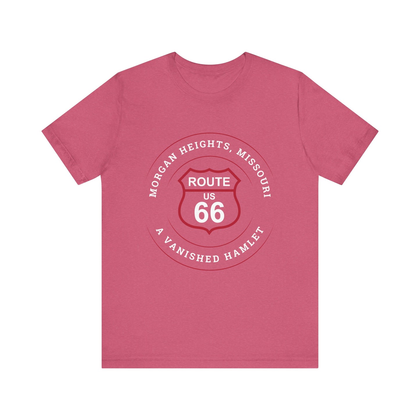 Heather raspberry retro Route 66 unisex jersey tee with Morgan Heights, MO: "A Vanished Hamlet" design