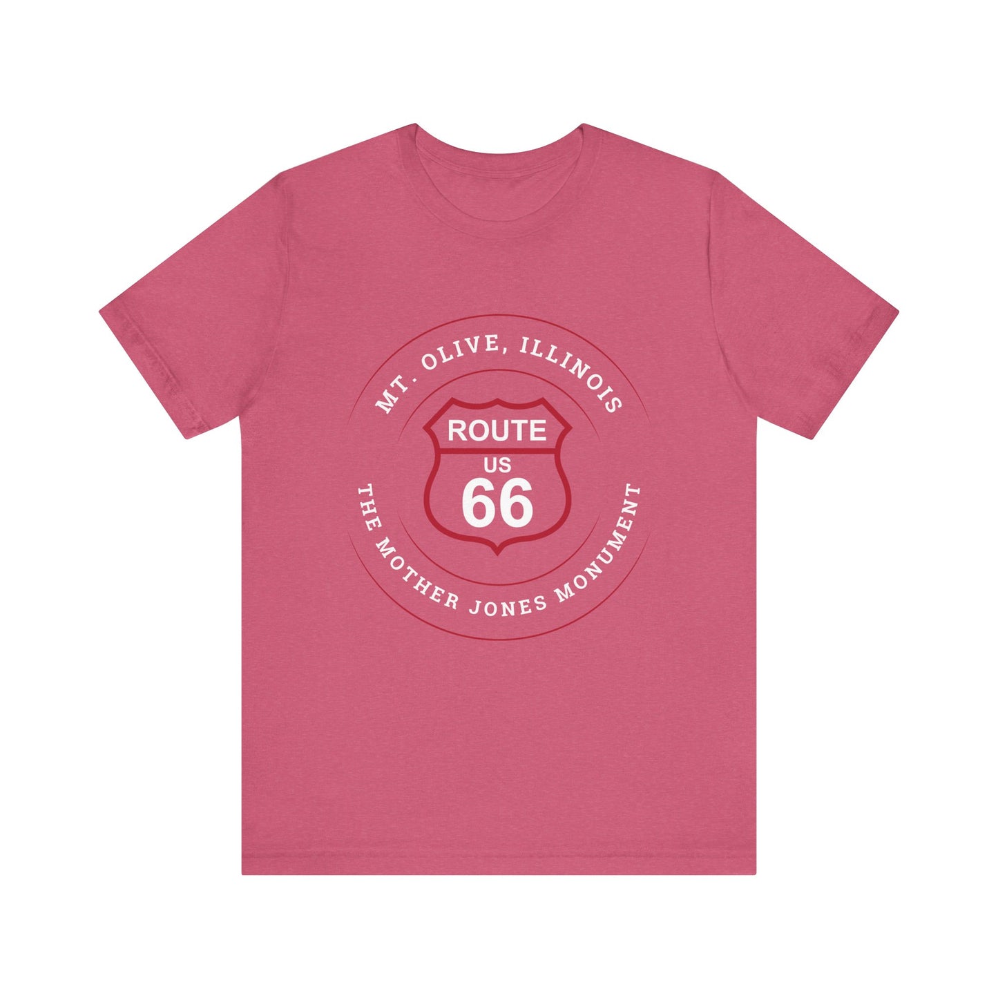 Heather raspberry retro Route 66 unisex jersey tee with Mt. Olive, IL, "Mother Jones Monument" design.