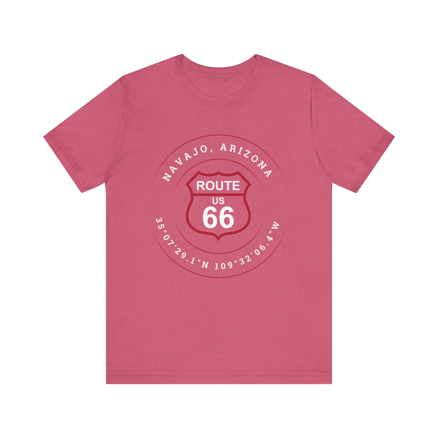 Heather raspberry retro Route 66 unisex jersey tee with Navajo, AZ: "35°07'29.1"N 109°32'06.4"W" design