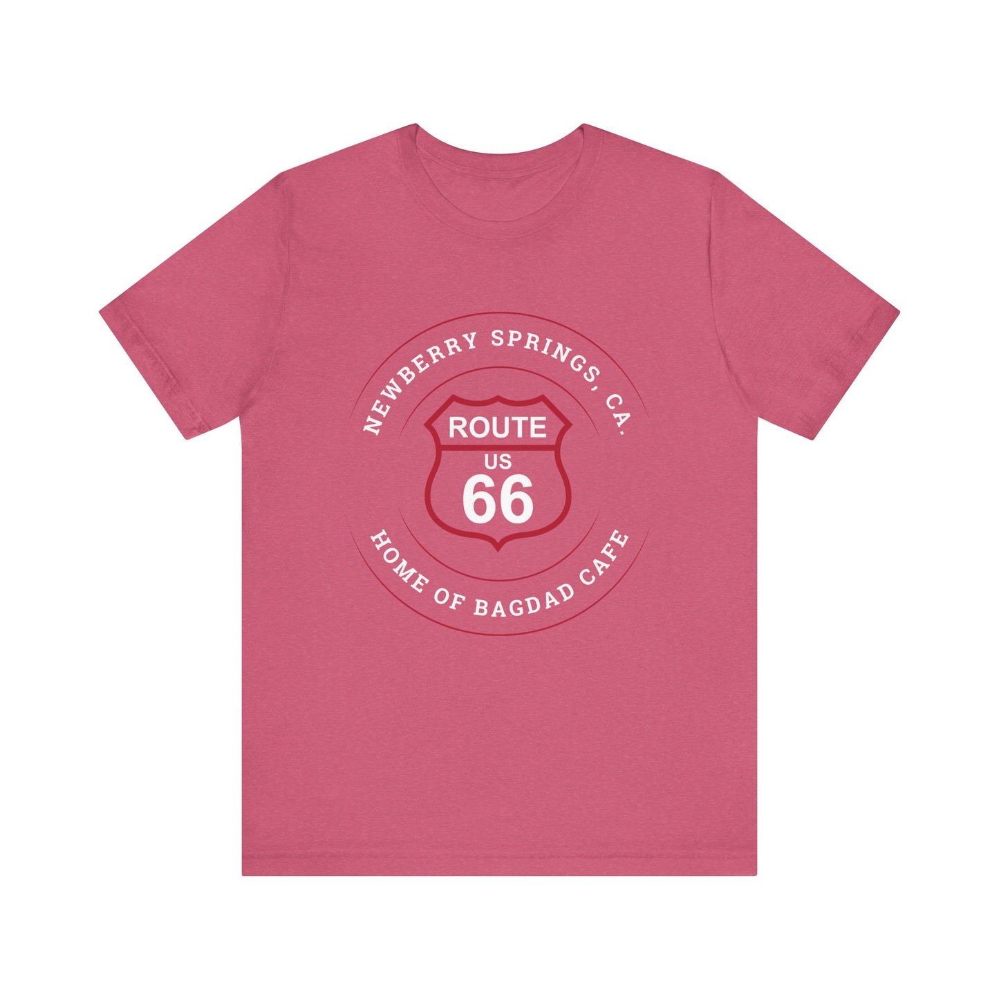 Heather raspberry retro Route 66 unisex jersey tee with Newberry Springs, CA: "Home of Bagdad Cafe" design