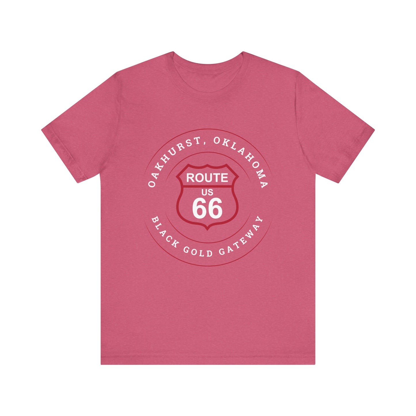 Heather raspberry retro Route 66 unisex jersey tee with Oakhurst, OK "Black Gold Gateway" design