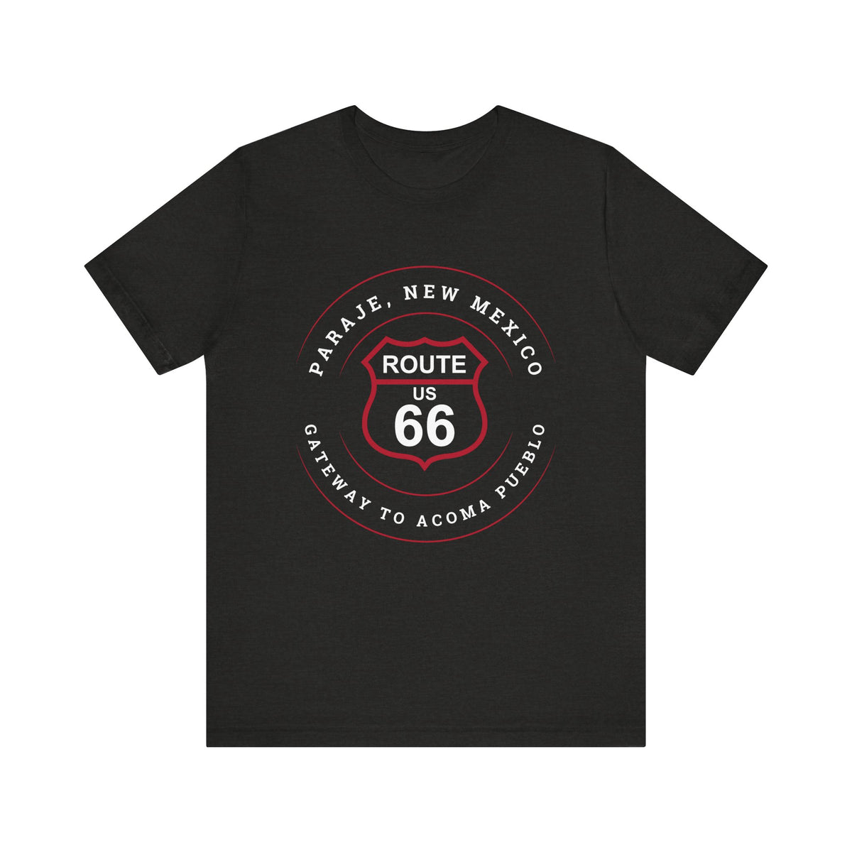 Black heather retro Route 66 unisex jersey tee with Paraje, NM: "Gateway to Acoma Pueblo" design