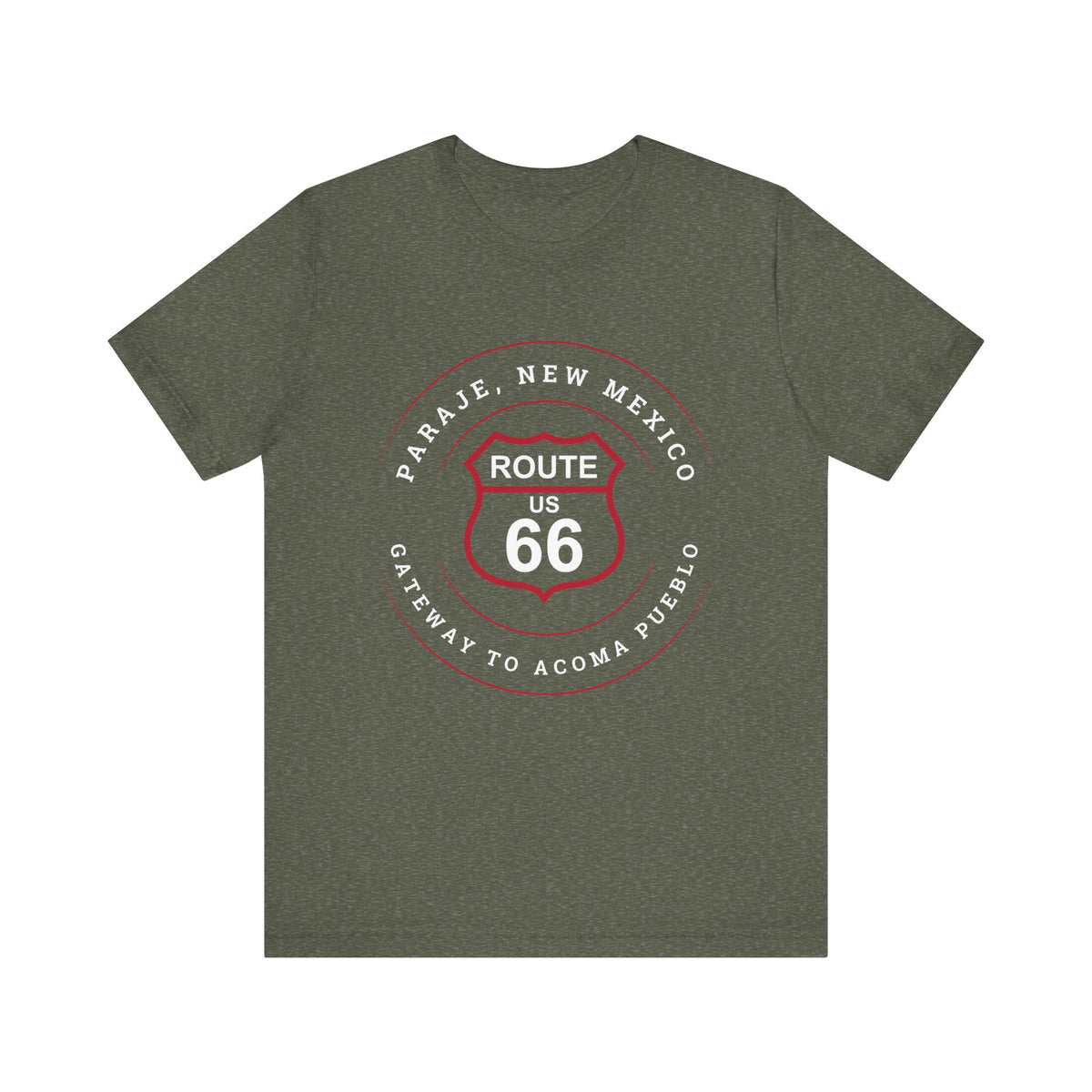 Heather military green retro Route 66 unisex jersey tee with Paraje, NM: "Gateway to Acoma Pueblo" design