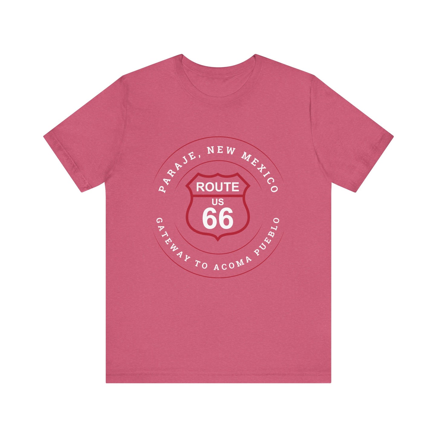 Heather raspberry retro Route 66 unisex jersey tee with Paraje, NM: "Gateway to Acoma Pueblo" design