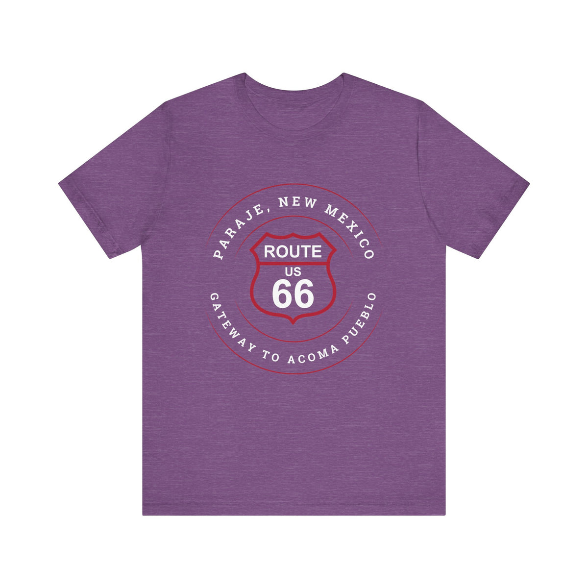 Heather team purple retro Route 66 unisex jersey tee with Paraje, NM: "Gateway to Acoma Pueblo" design