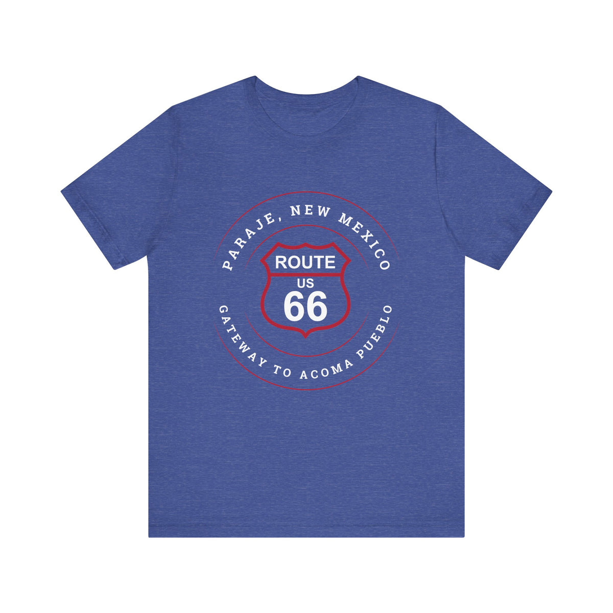 Heather true royal retro Route 66 unisex jersey tee with Paraje, NM: "Gateway to Acoma Pueblo" design