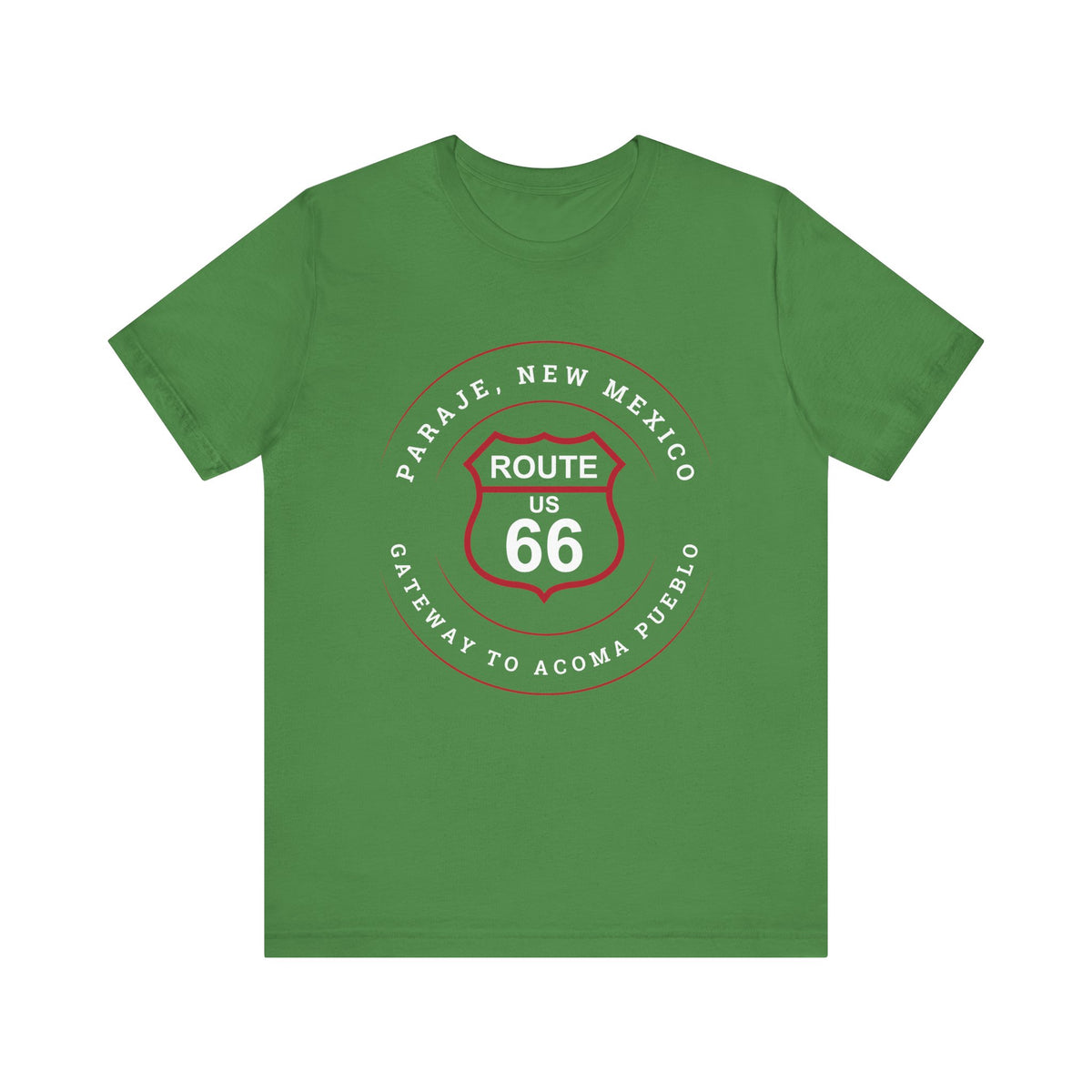 Leaf retro Route 66 unisex jersey tee with Paraje, NM: "Gateway to Acoma Pueblo" design