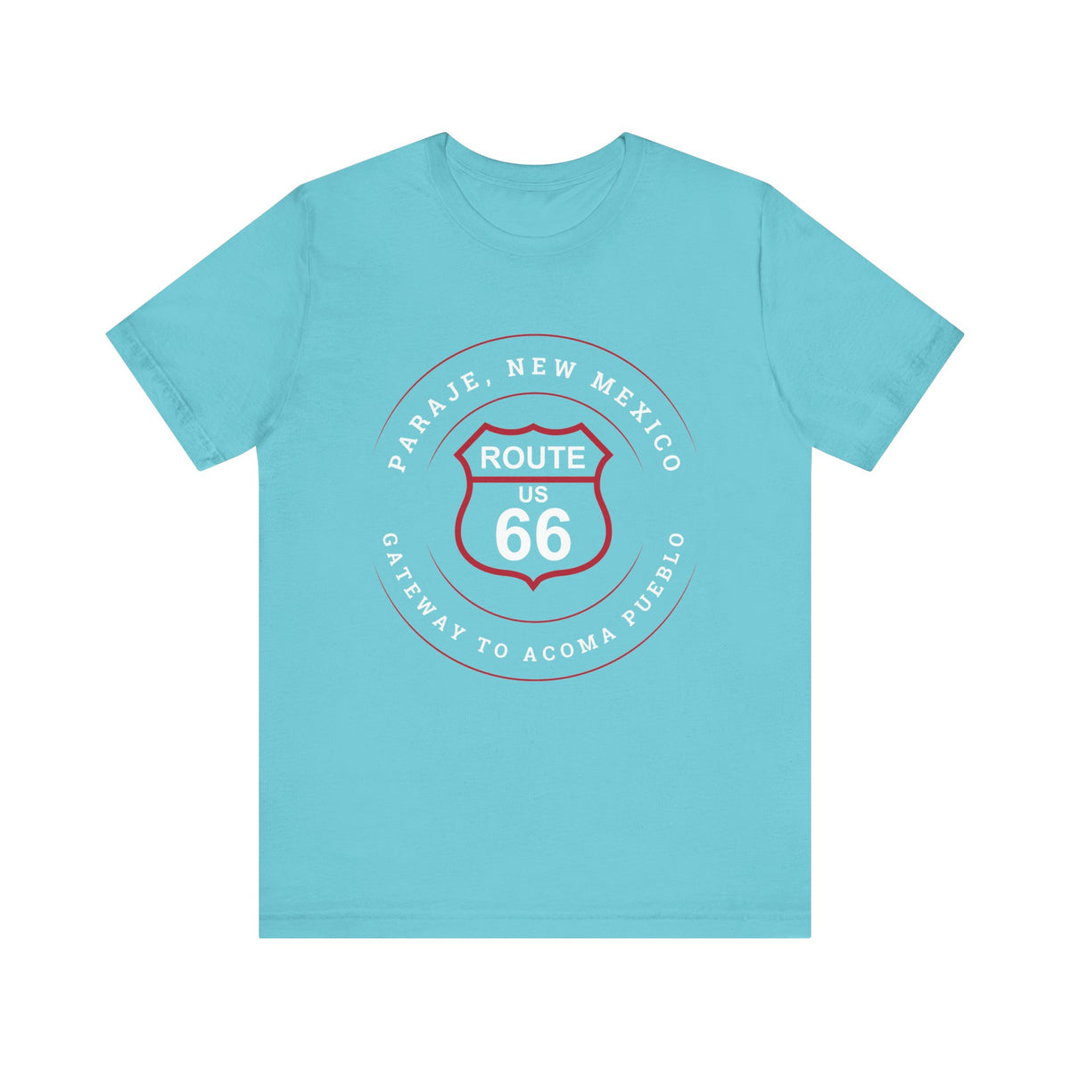 Turquoise retro Route 66 unisex jersey tee with Paraje, NM: "Gateway to Acoma Pueblo" design