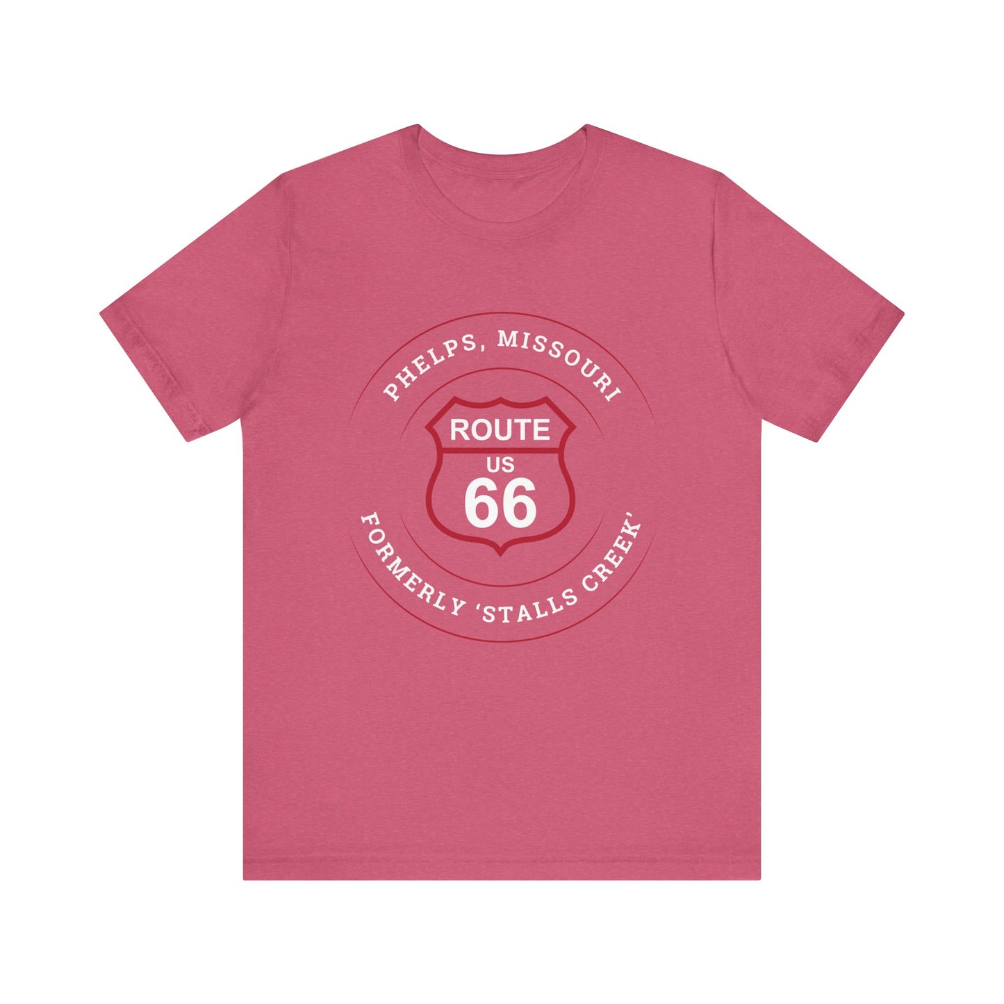 Heather raspberry retro Route 66 unisex jersey tee with Phelps, MO "A Small Ozarks Village" design