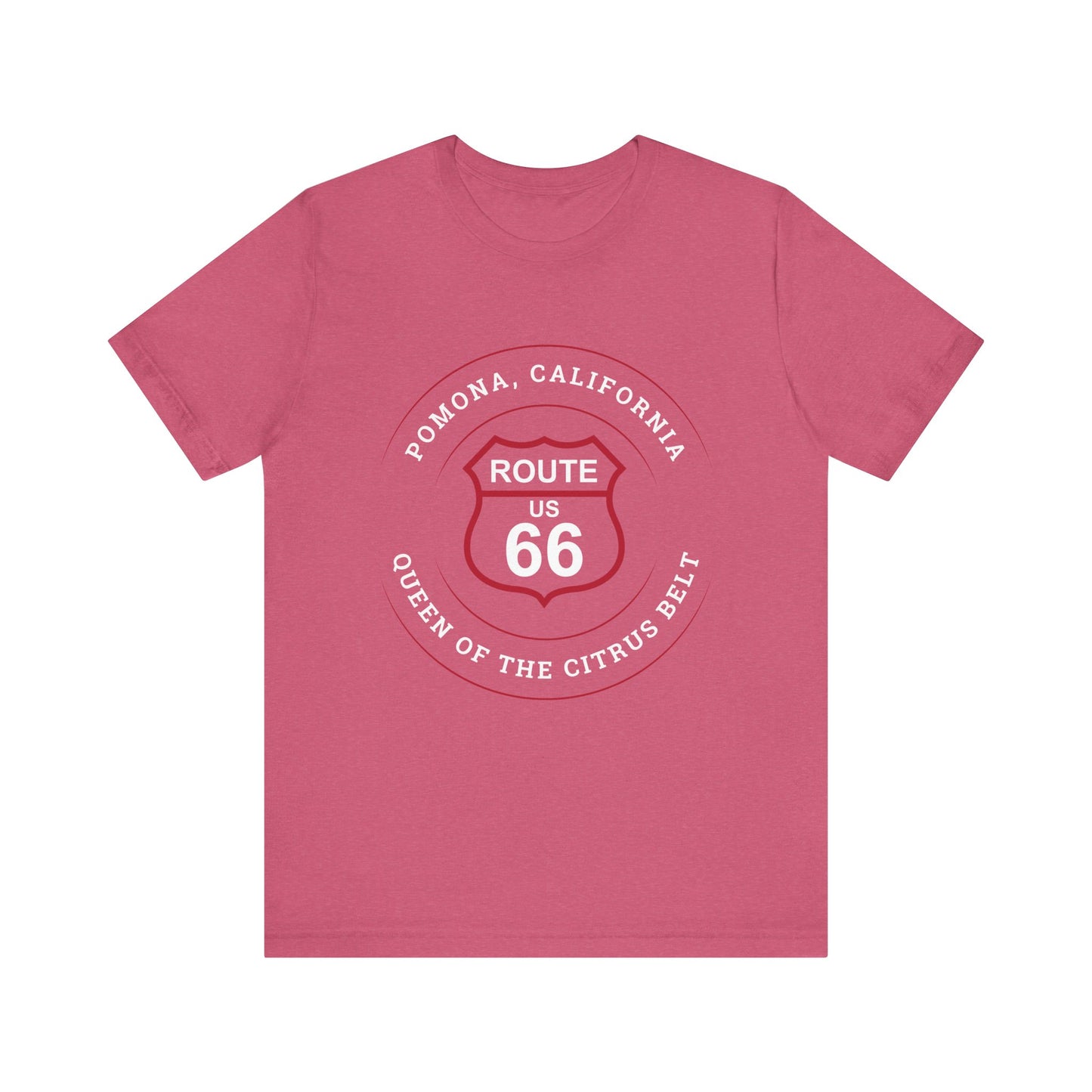 Heather raspberry retro Route 66 unisex jersey tee with Pomona, CA: "Queen of the Citrus Belt" design