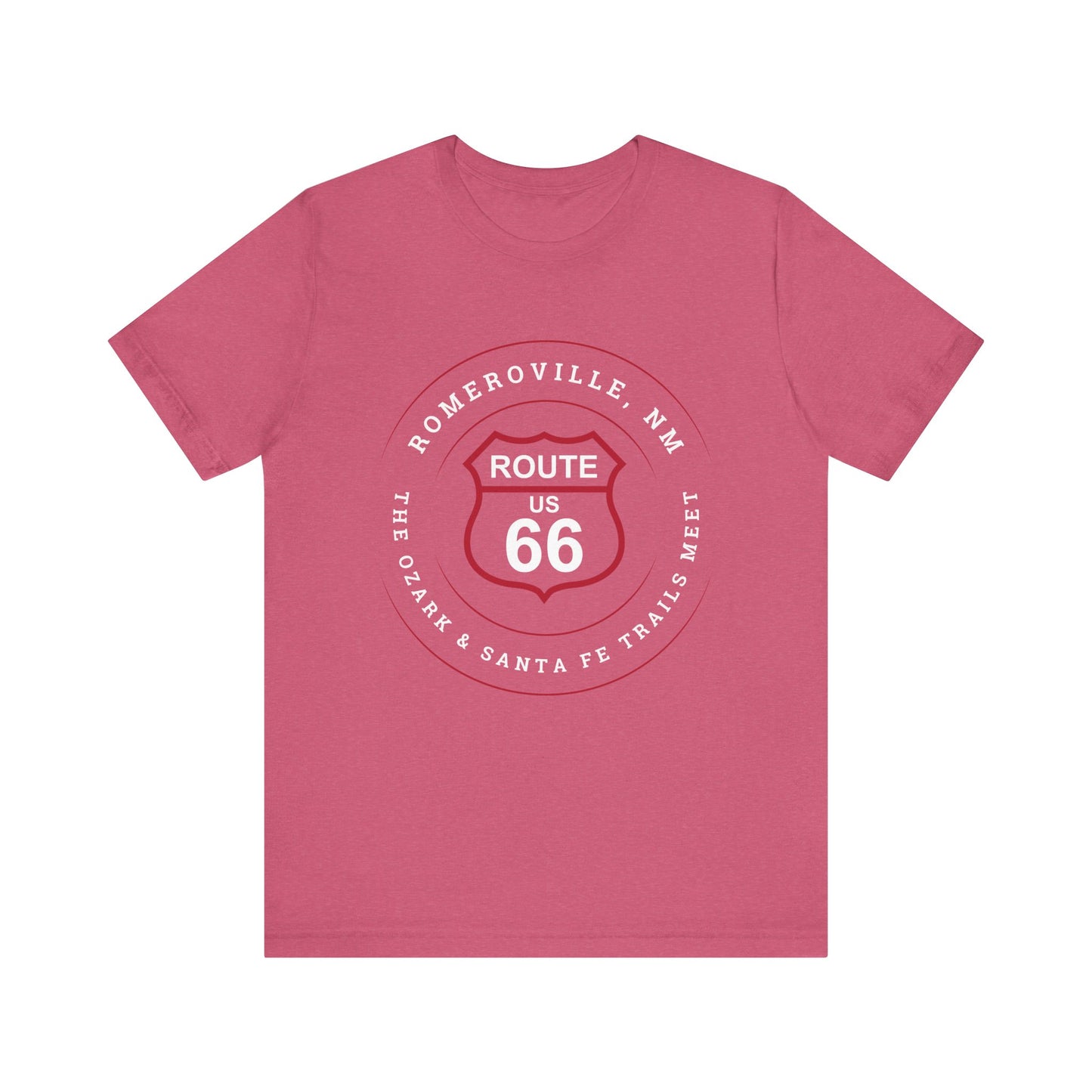 Heather raspberry retro Route 66 unisex jersey tee with Romeroville, NM: "The Ozark & Santa Fe Trails Meet" design