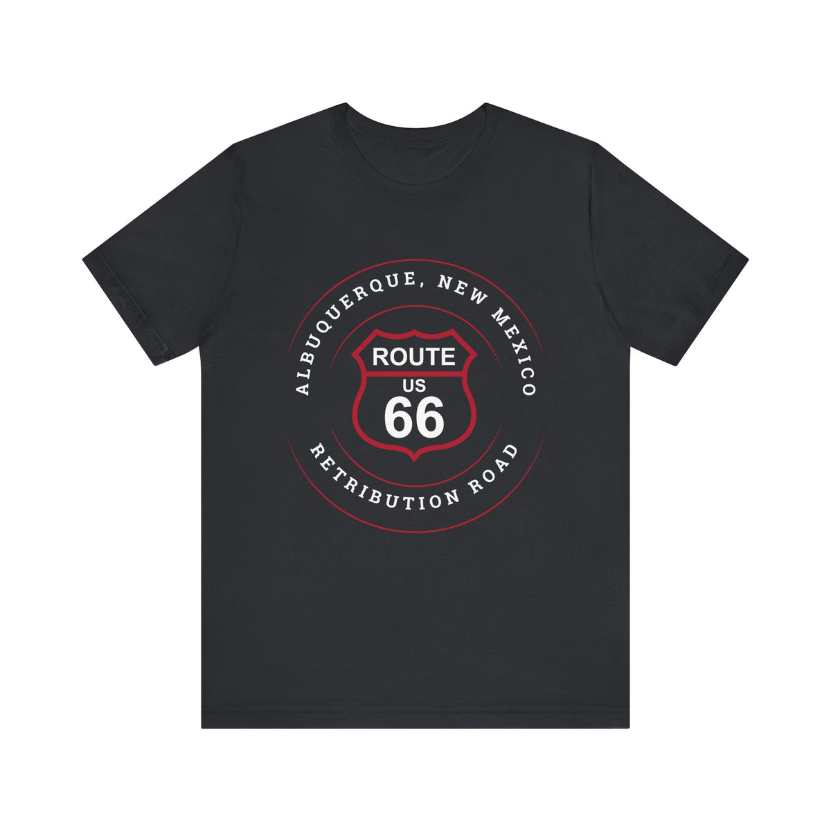 Black heather retro Route 66 unisex jersey tee with Albuquerque, NM: "Retribution Road" design
