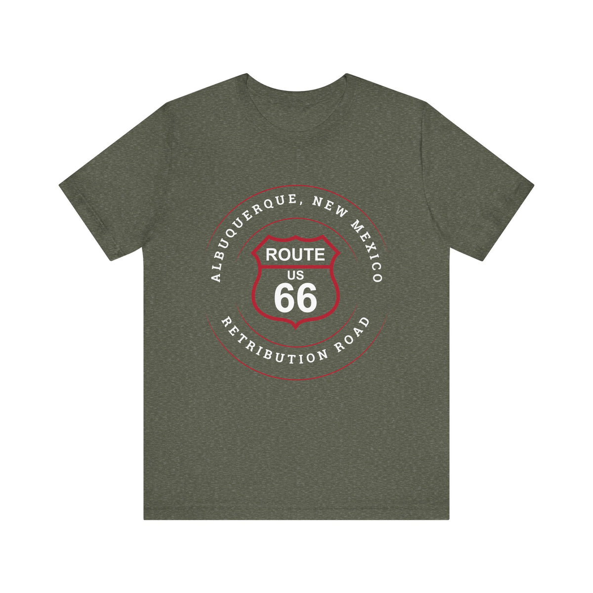 Heather military green retro Route 66 unisex jersey tee with Albuquerque, NM: "Retribution Road" design