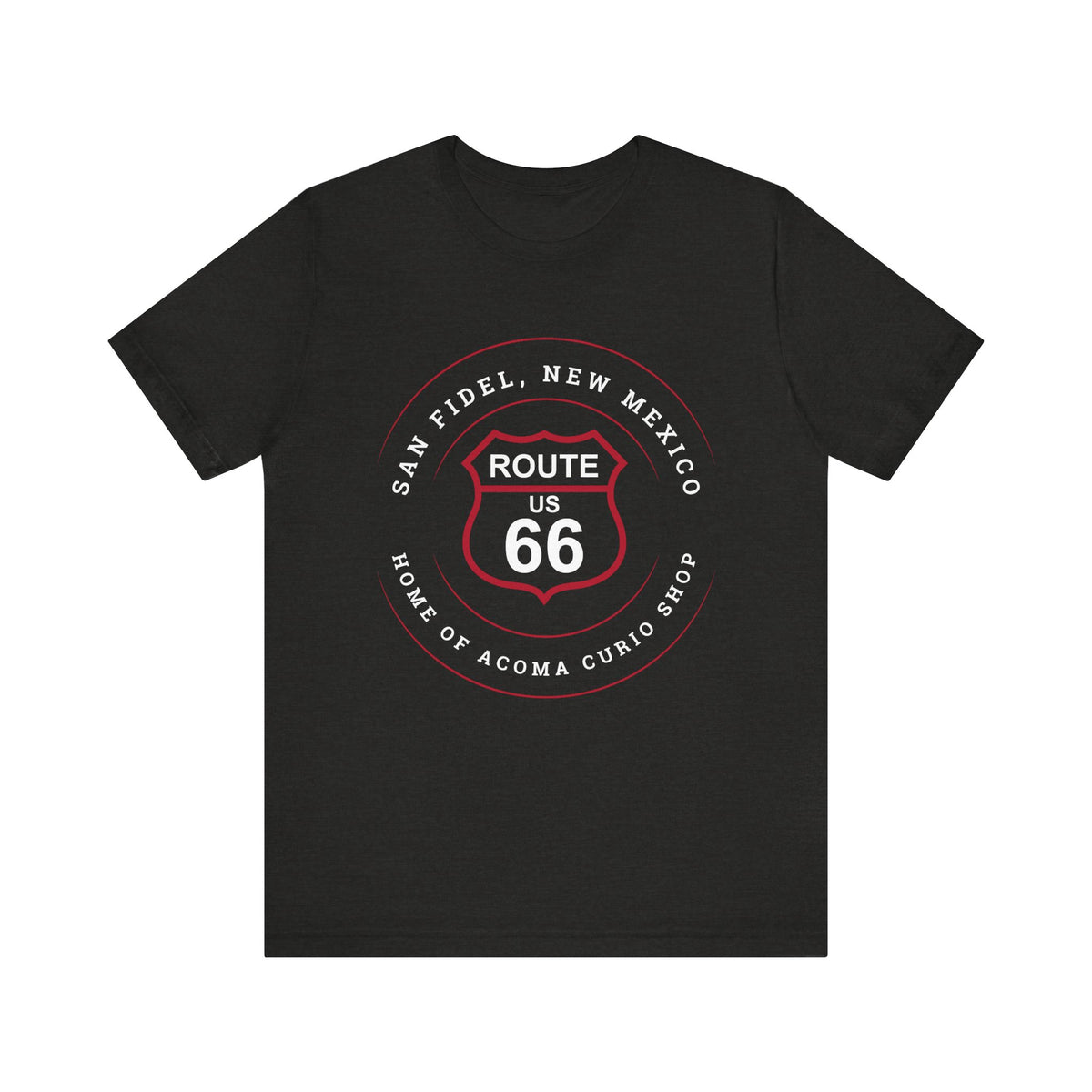 Black heather retro Route 66 unisex jersey tee with San Fidel, NM: "Home of the Acoma Curio Shop" design