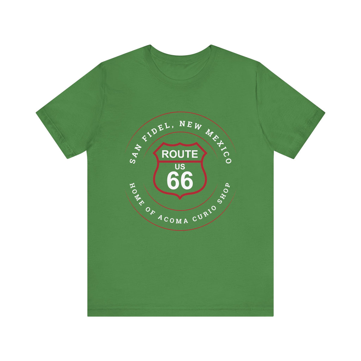 Leaf retro Route 66 unisex jersey tee with San Fidel, NM: "Home of the Acoma Curio Shop" design