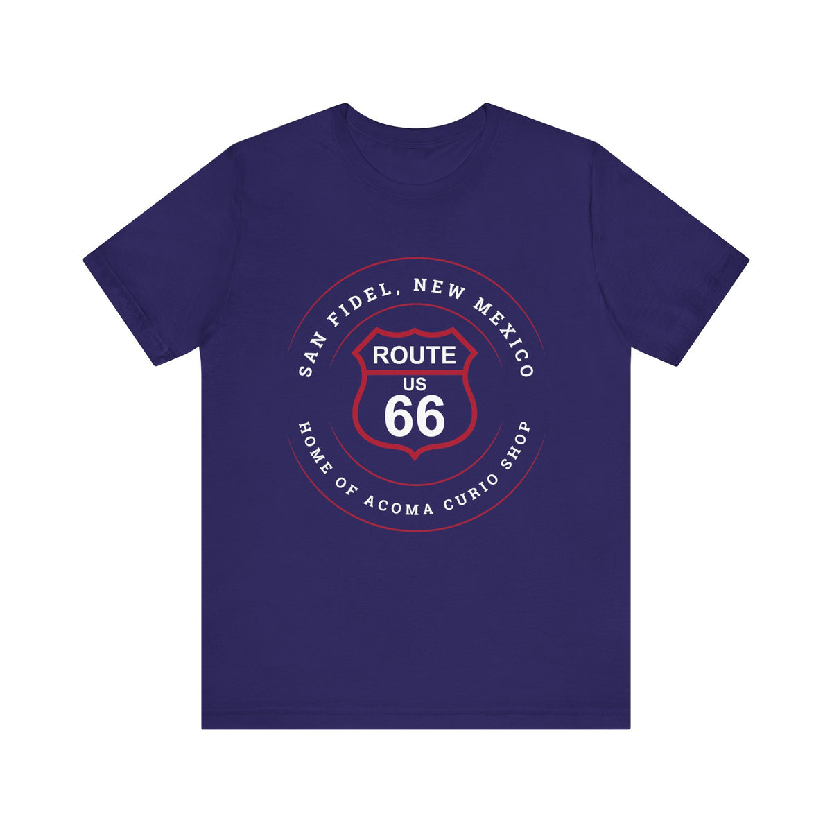Team navy retro Route 66 unisex jersey tee with San Fidel, NM: "Home of the Acoma Curio Shop" design