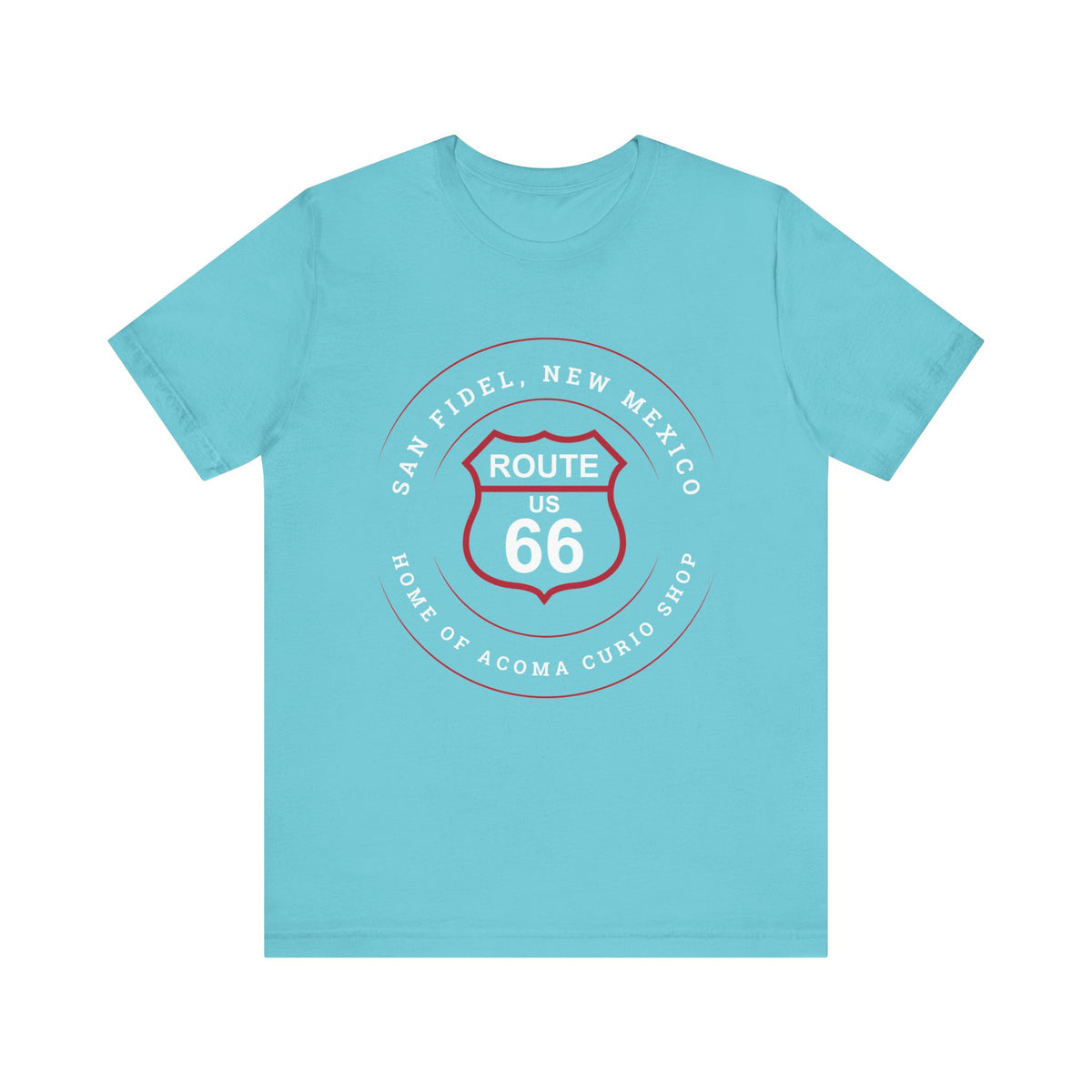 Turquoise retro Route 66 unisex jersey tee with San Fidel, NM: "Home of the Acoma Curio Shop" design