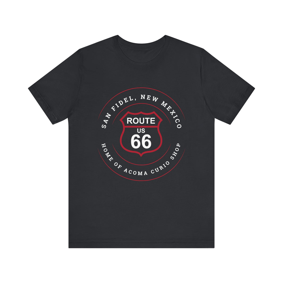 Vintage black retro Route 66 unisex jersey tee with San Fidel, NM: "Home of the Acoma Curio Shop" design