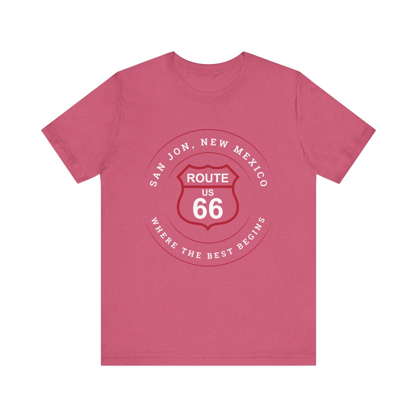 Heather raspberry retro Route 66 unisex jersey tee with San Jon, NM: "Where the Best Begins" design