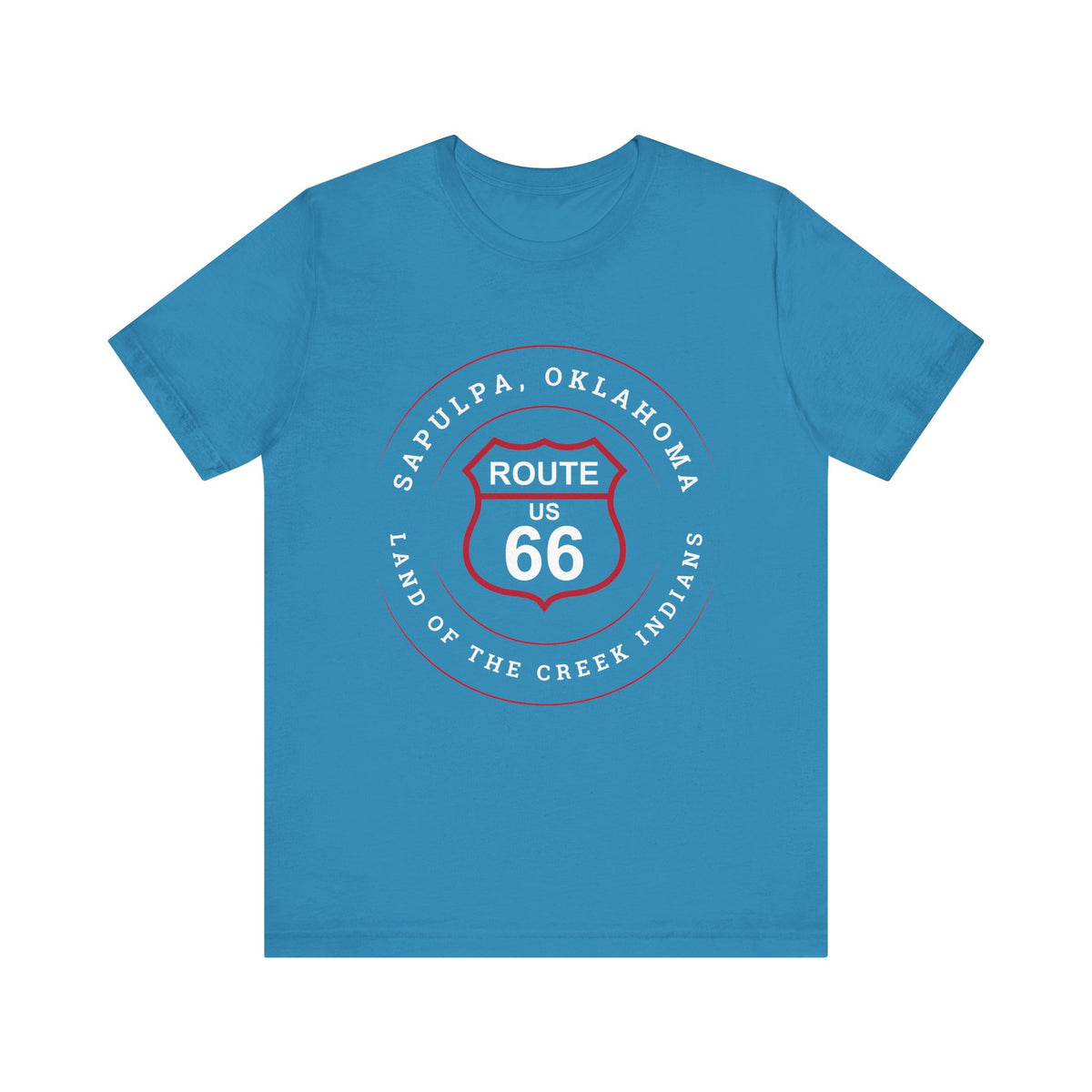 Aqua retro Route 66 unisex jersey tee with Sapulpa, OK "Land of the Creek Indians" design