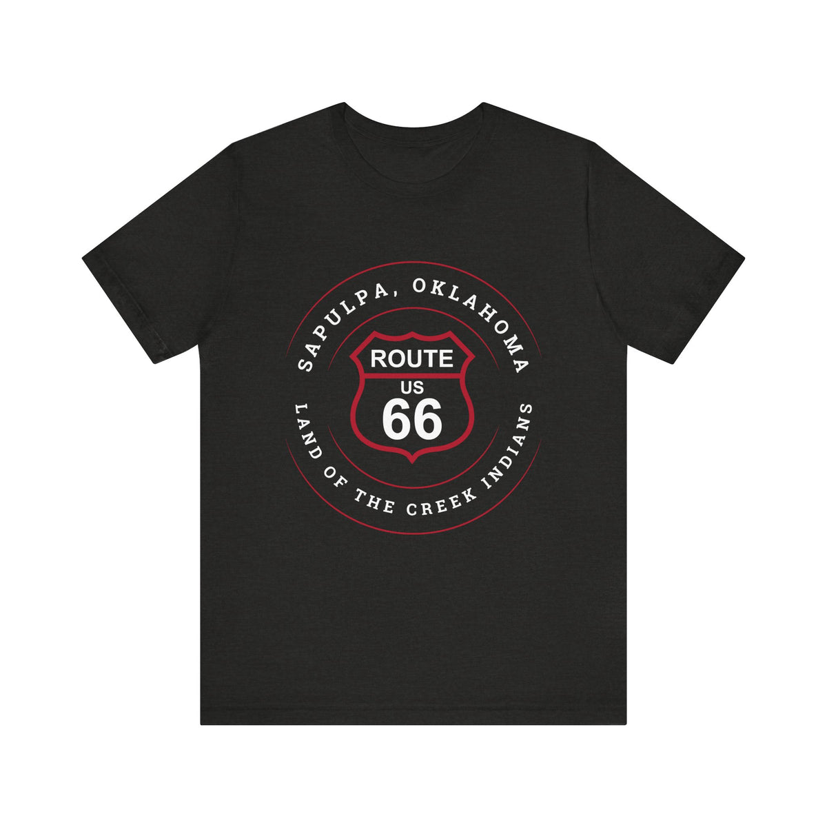Black heather retro Route 66 unisex jersey tee with Sapulpa, OK "Land of the Creek Indians" design