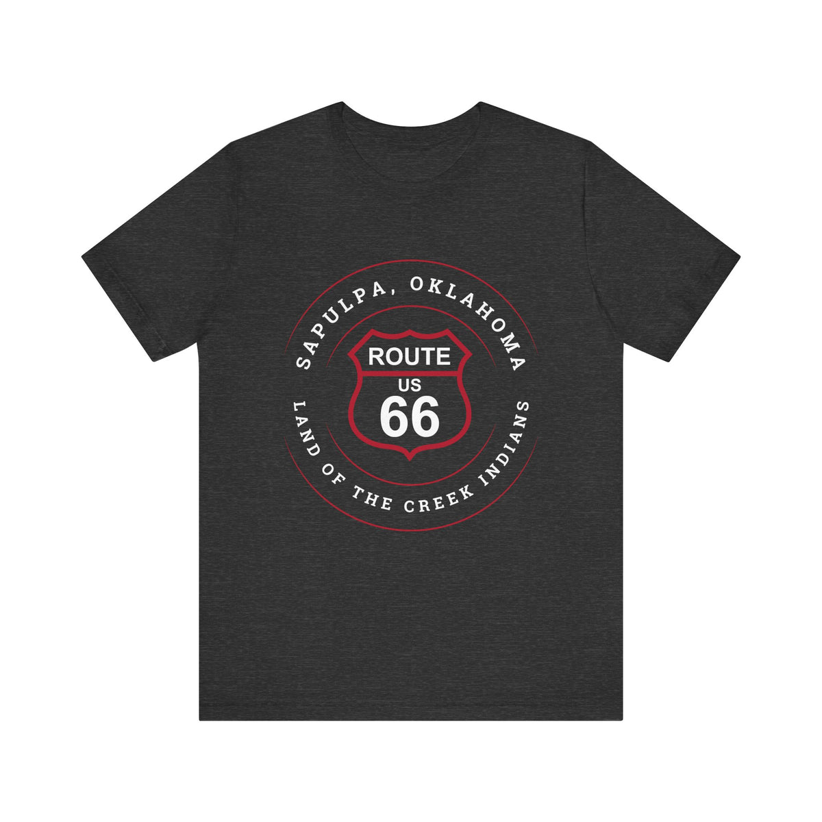 Dark grey heather retro Route 66 unisex jersey tee with Sapulpa, OK "Land of the Creek Indians" design