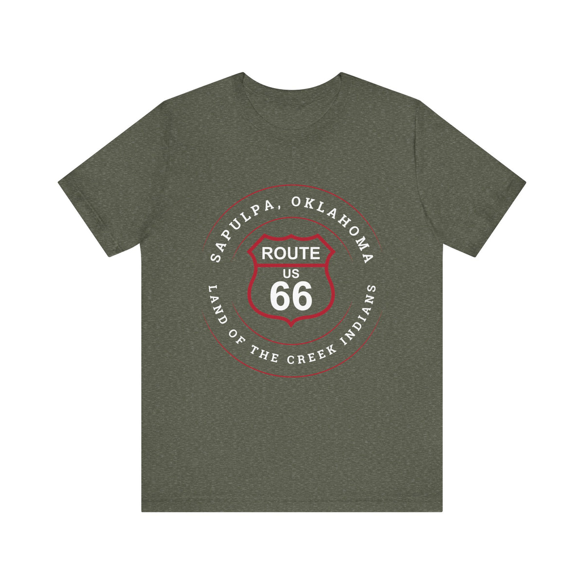 Heather military green retro Route 66 unisex jersey tee with Sapulpa, OK "Land of the Creek Indians" design
