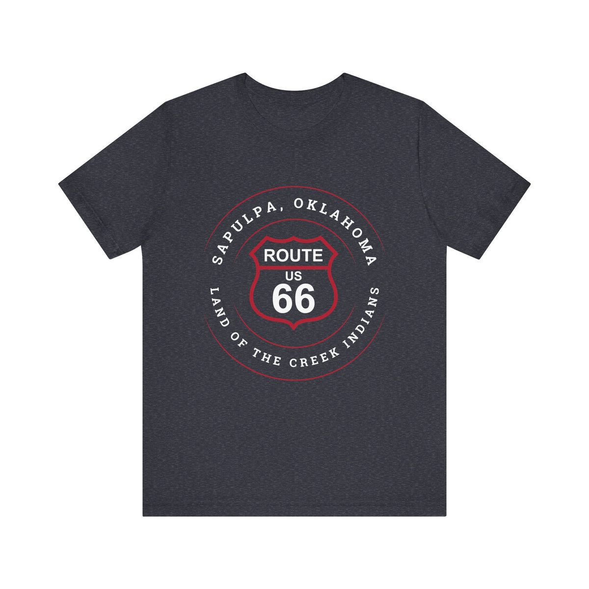 Heather navy retro Route 66 unisex jersey tee with Sapulpa, OK "Land of the Creek Indians" design
