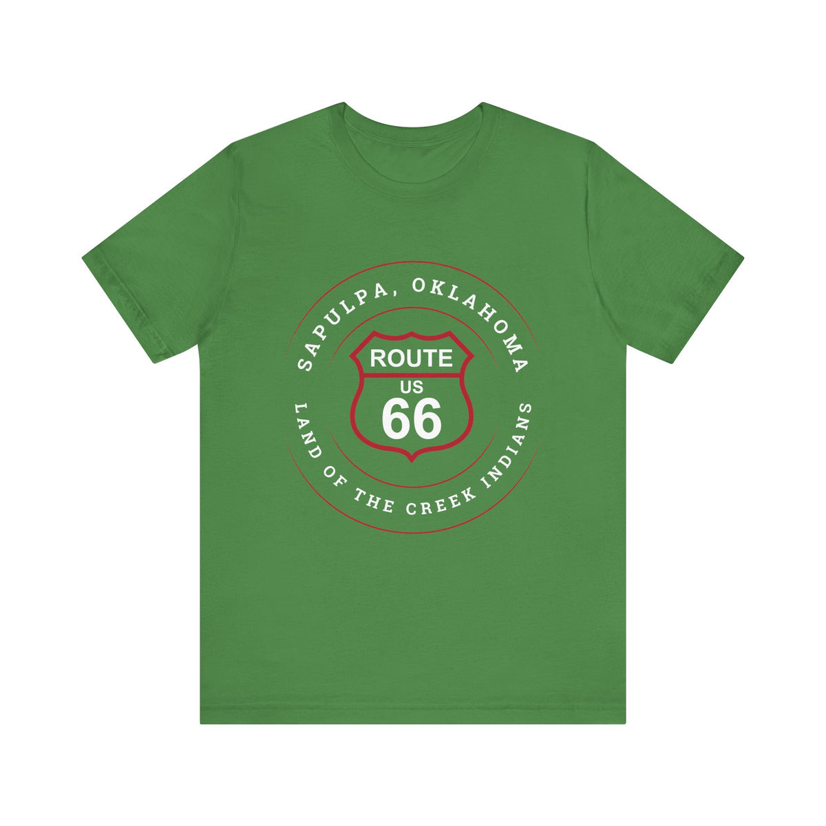 Leaf retro Route 66 unisex jersey tee with Sapulpa, OK "Land of the Creek Indians" design