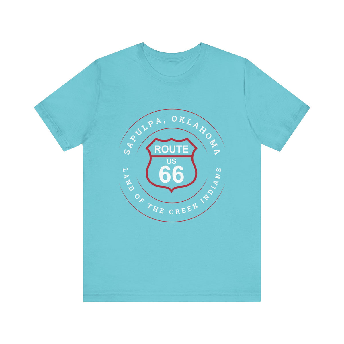 Turquoise retro Route 66 unisex jersey tee with Sapulpa, OK "Land of the Creek Indians" design