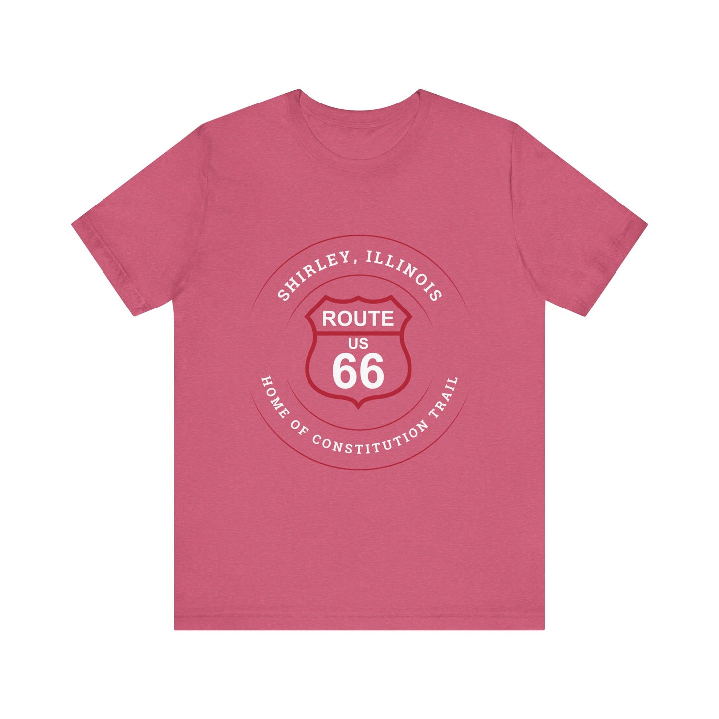 Heather raspberry retro Route 66 unisex jersey tee with Shirley, IL: "Home of the Constitution Trail" design