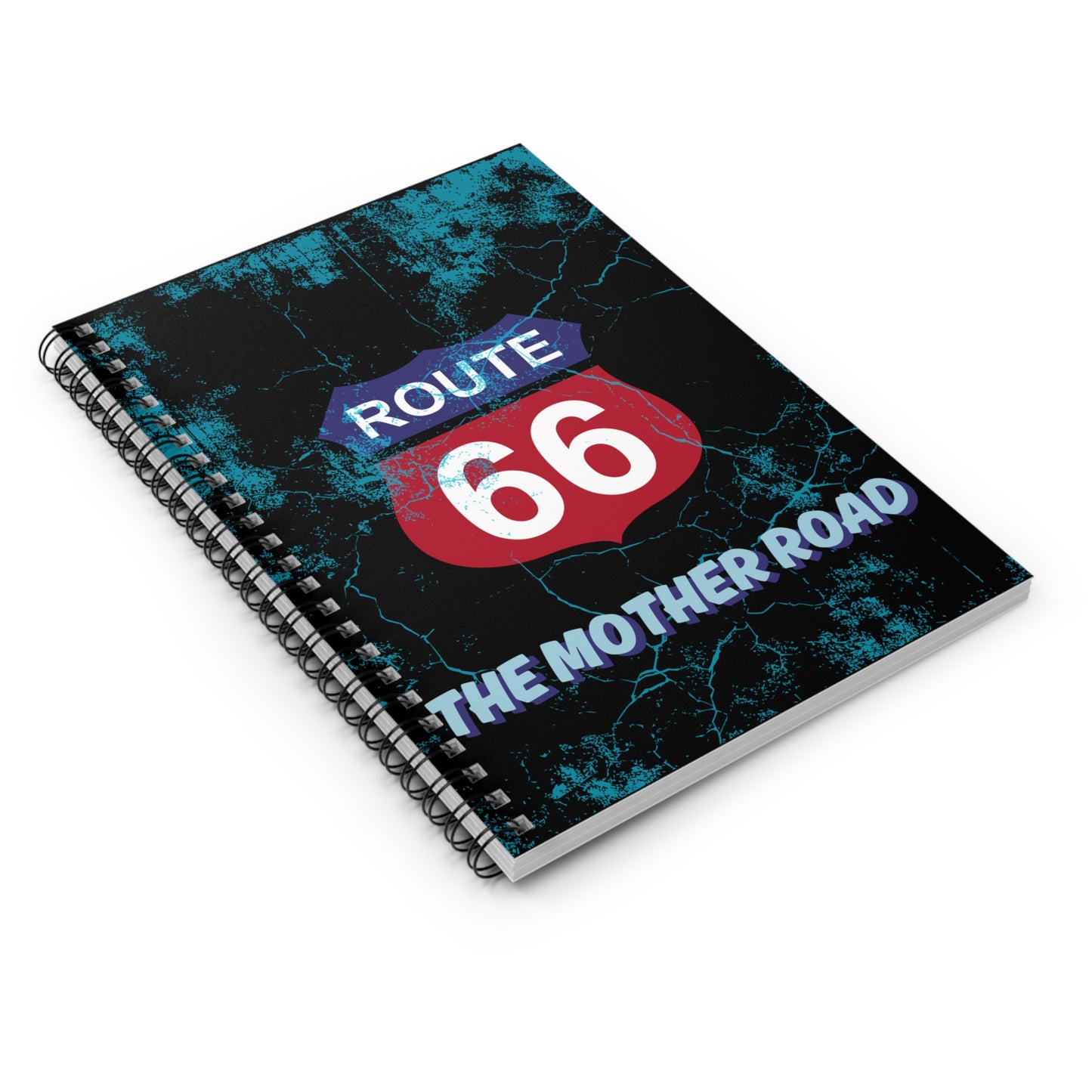 Angled view of Route 66 spiral notebook showing sturdy metal spiral binding, the distressed vintage design and the durable glossy cover.