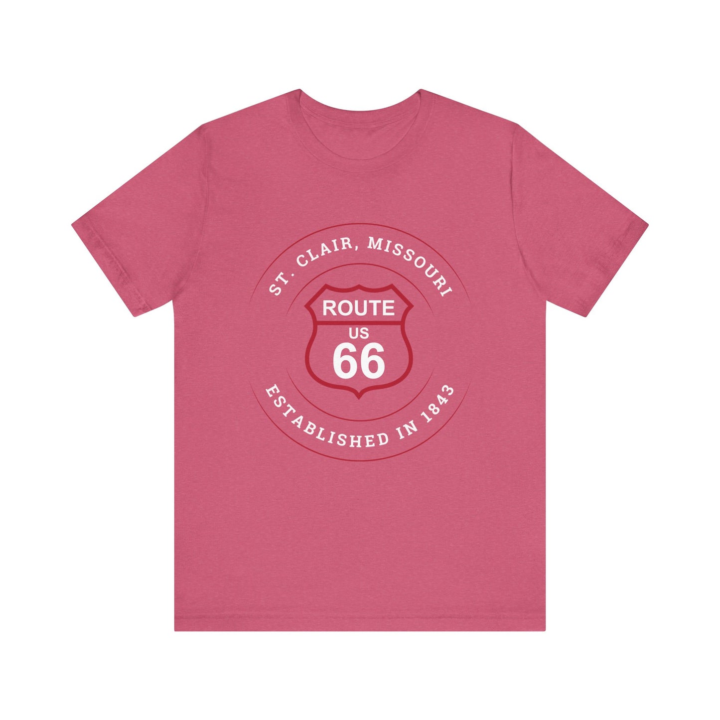 Heather raspberry retro Route 66 unisex jersey tee with St. Clair, MO: "Established in 1843" design