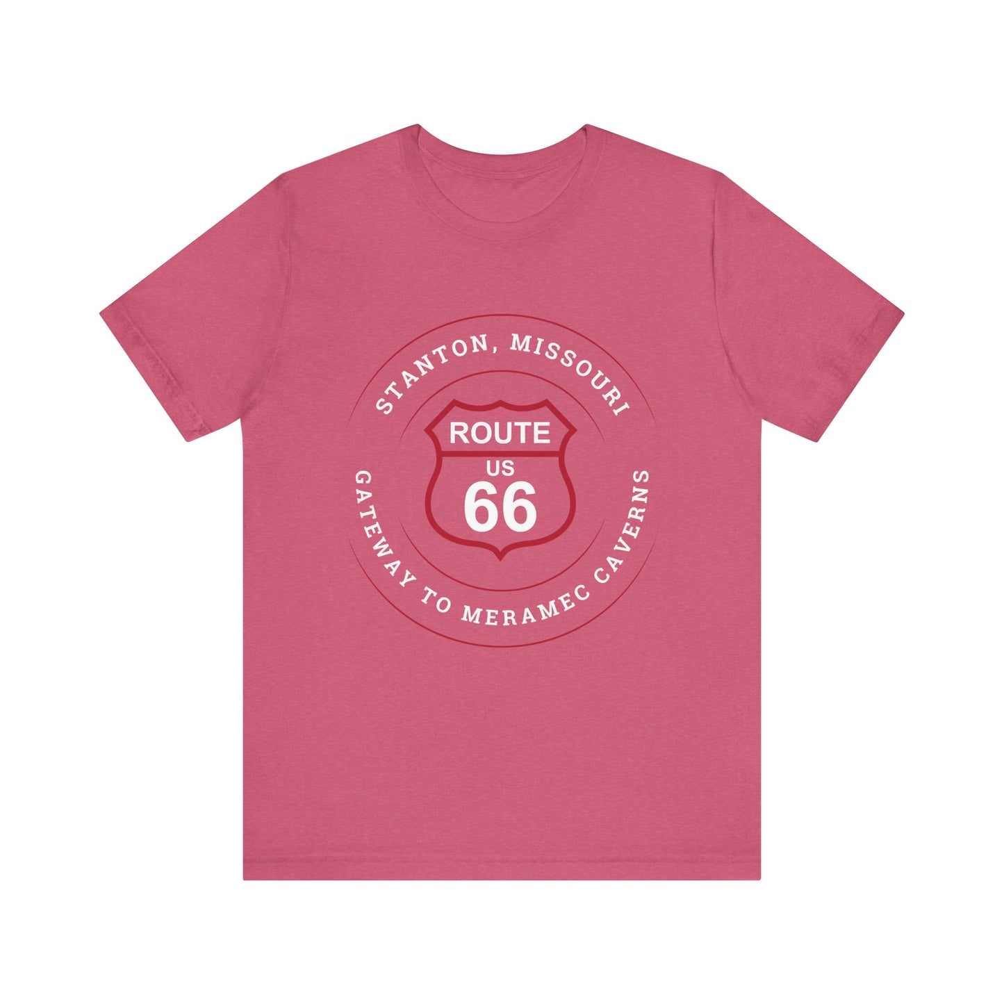 Heather raspberry retro Route 66 unisex jersey tee with Stanton, MO: "Gateway to Meramec Caverns" design