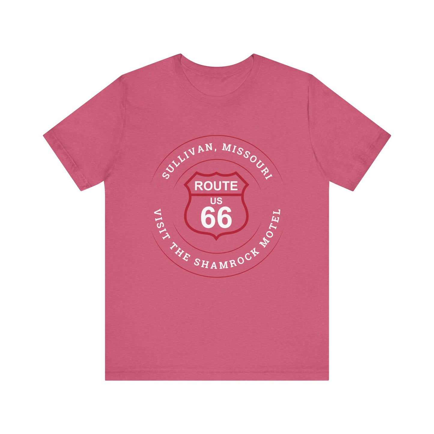 Heather raspberry retro Route 66 unisex jersey tee with Sullivan, MO: "Visit the Shamrock Motel" design