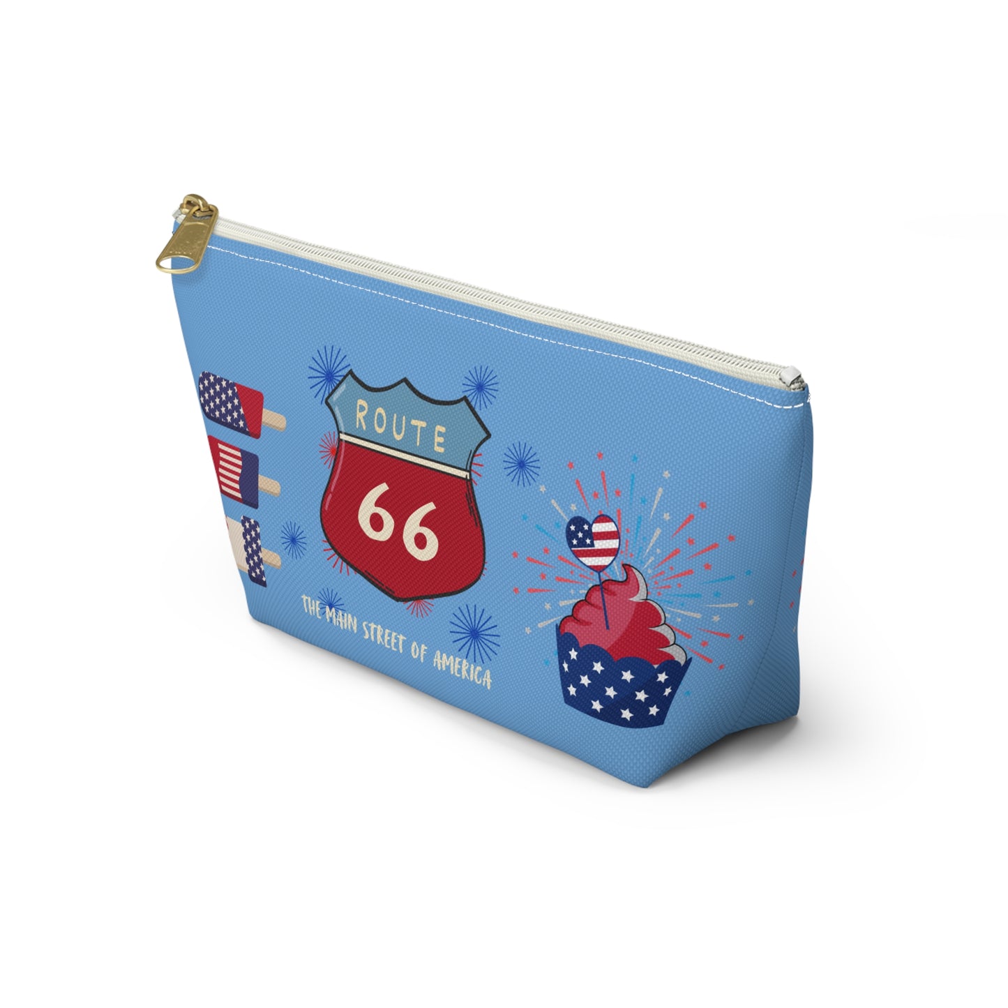 Angled view of Route 66 t-bottom accessory pouch with summer celebration design, fireworks and Americana-themed treats