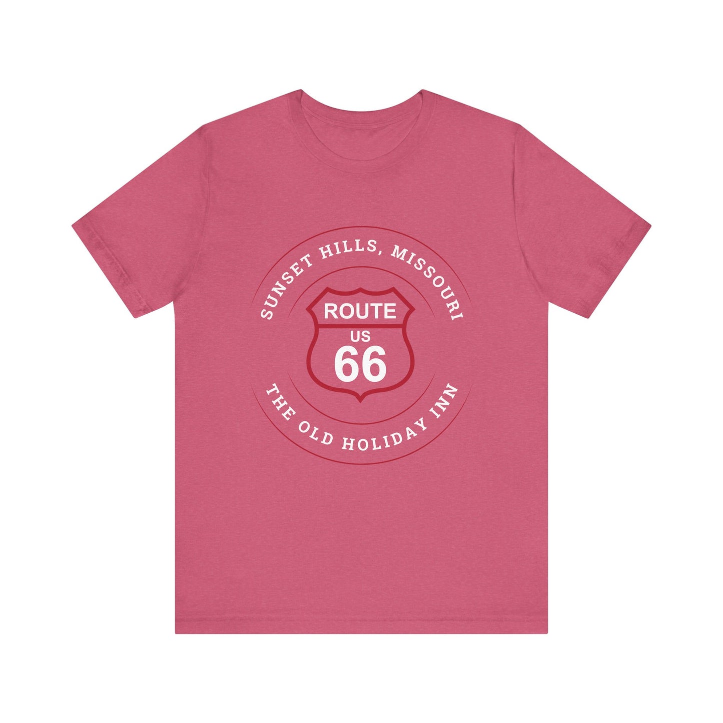 Heather raspberry retro Route 66 unisex jersey tee with Sunset Hills, MO: "The Old Holiday Inn" design