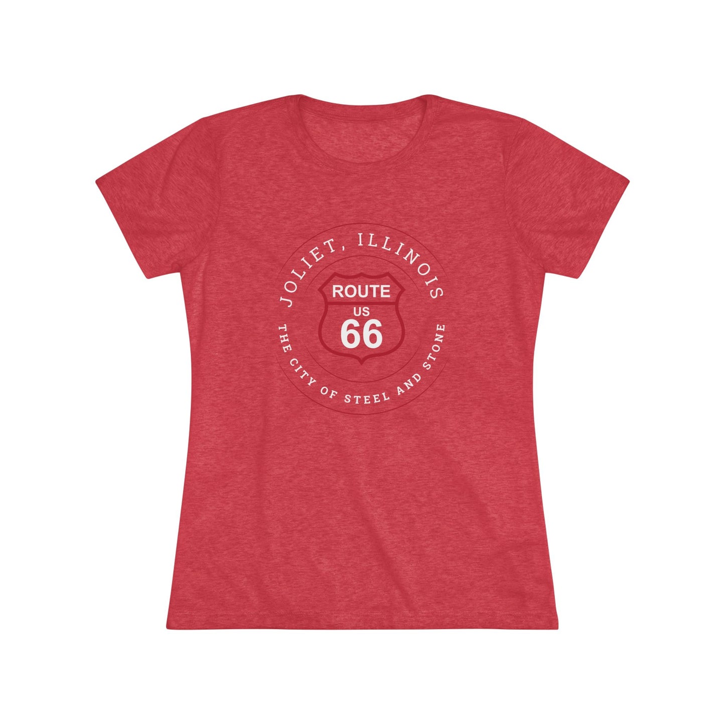 Tri-blend vintage red retro Route 66 unisex jersey tee with Joliet, IL: "The City of Steel and Stone" design