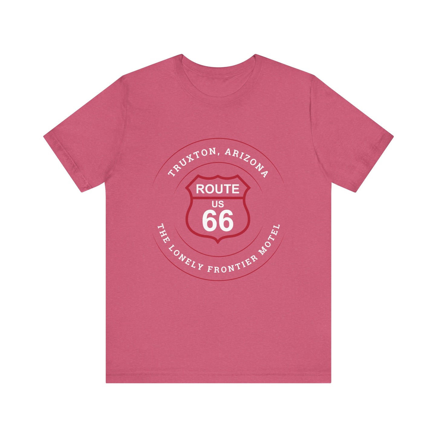 Heather raspberry retro Route 66 unisex jersey tee with Truxton, AZ: "The Lonely Frontier Motel" design