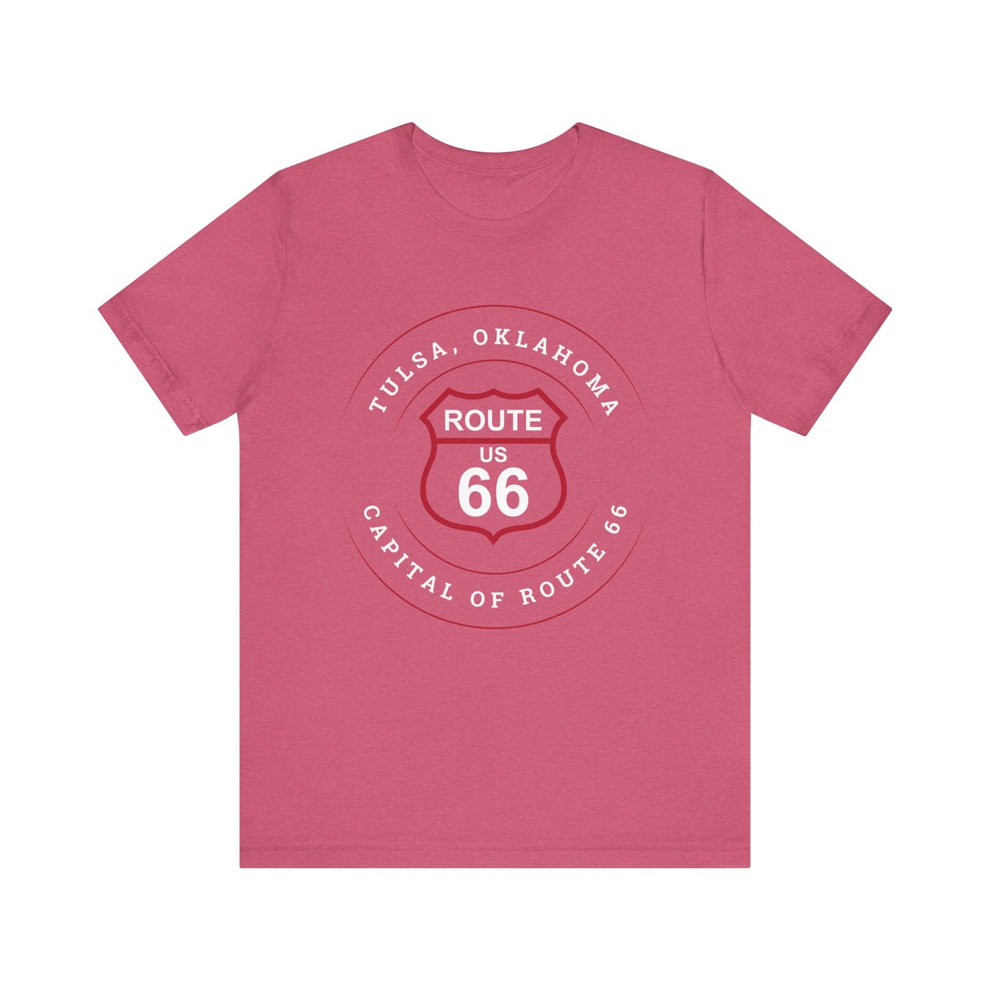 Heather raspberry retro Route 66 unisex jersey tee with Tulsa, OK "Capital of Route 66" design