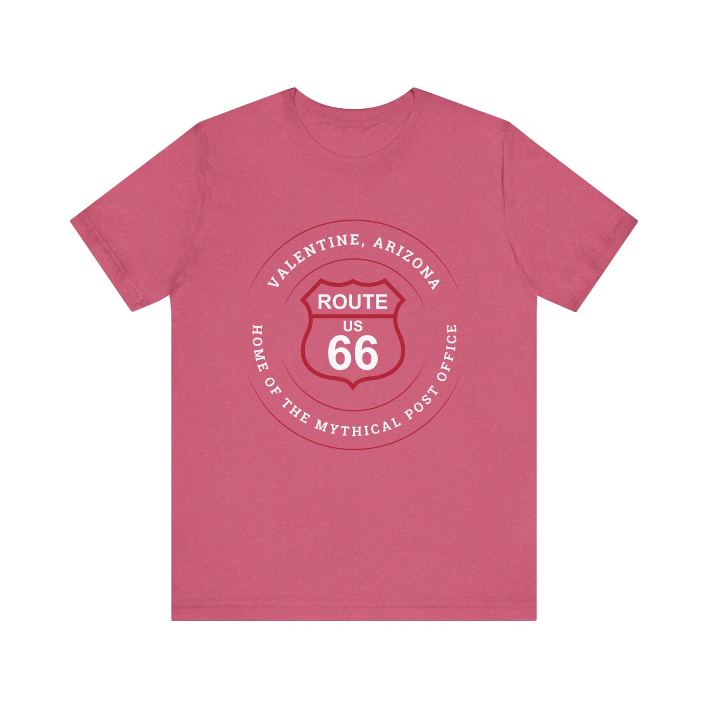 Heather raspberry retro Route 66 unisex jersey tee with Valentine, AZ: "Home of the Mythical Post Office" design